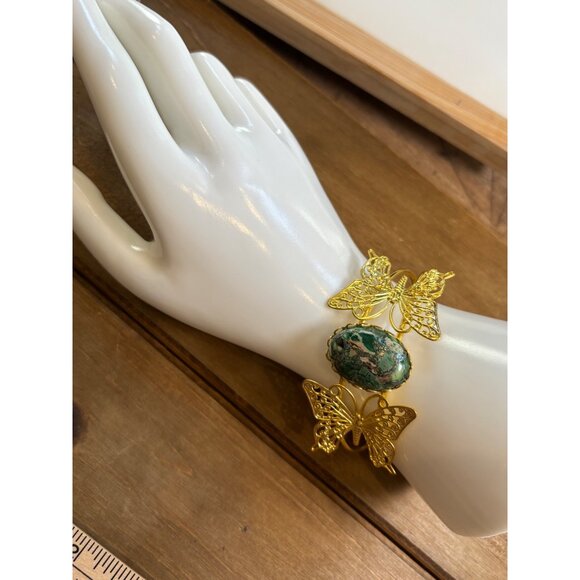 Gold Butterfly Cuff Bracelet With Green Stone Centerpiece Handmade Adjustable Je - Picture 10 of 10